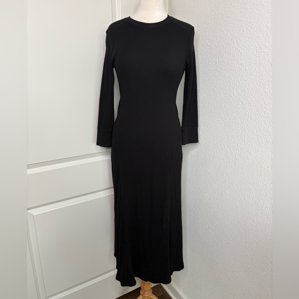 Polo Ralph Lauren Waffle Knit Midi Dress Fit Flare Black Sz M 3/4 Sleeve Western